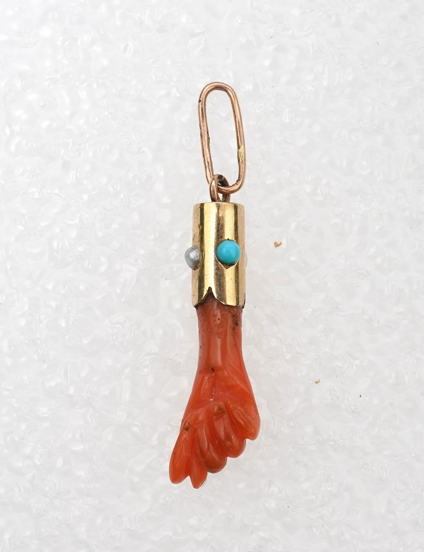 An antique coral, turquoise and seed pearl 'mano figa' pendant, late 19th/early 20th century